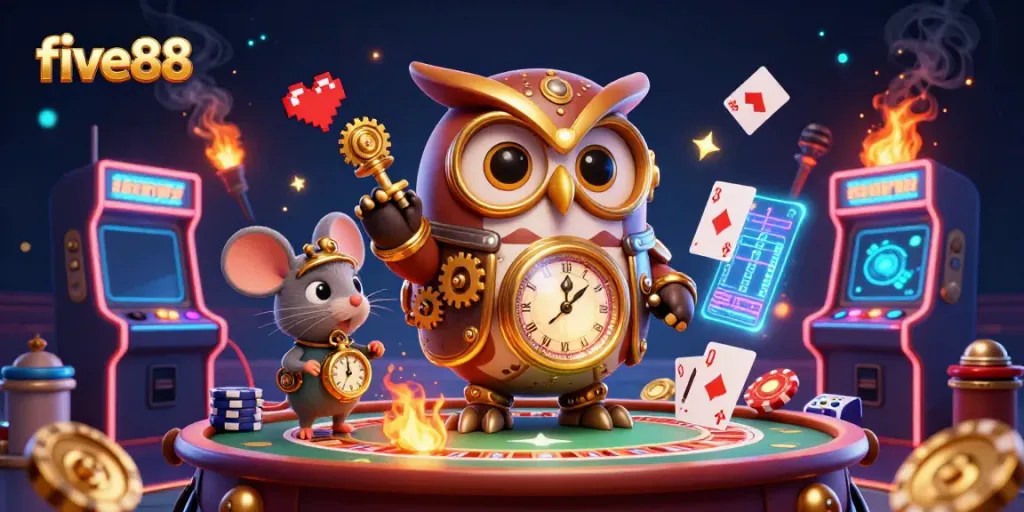 Engage in exciting gameplay at five88 with a vibrant steampunk-themed casino scene.