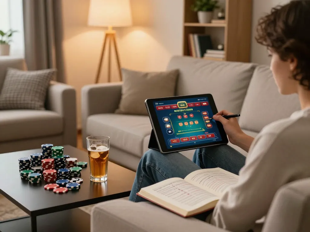 Engaging with online slots and poker strategies at https://ck444s.net/ in a cozy home setting.