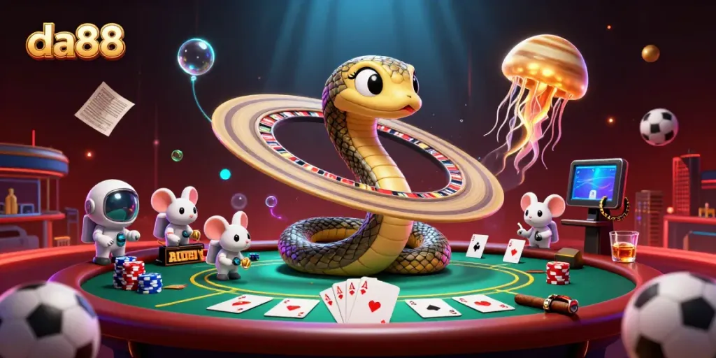Experience thrilling bets with da88 in a lively cosmic casino scene featuring a snake roulette.