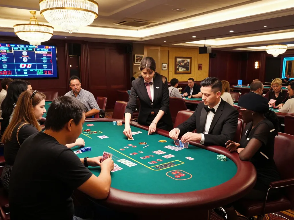 Players engaging at a blackjack table in the upscale 688V casino, showcasing vibrant gameplay and community.