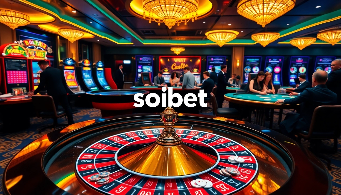 Experience the excitement at เว็บ soibet with players enjoying a high-stakes casino scene featuring roulette and poker tables.