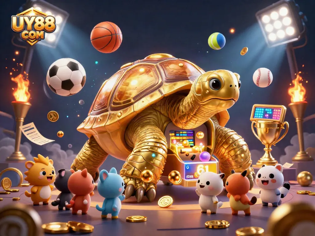 Engage in exhilarating gameplay at UY88 COM with a dazzling 3D illustration of a golden tortoise pinball machine.