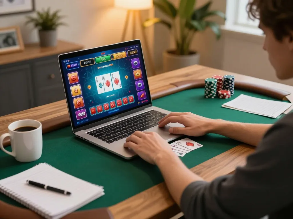Engaged player enjoying 27G online poker game with strategy notes in cozy setup