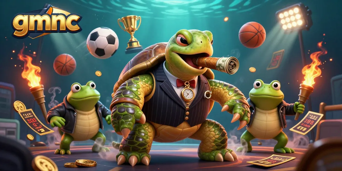 Betting action comes alive with gmnc, featuring a snapping turtle and bullfrog enforcers on a vibrant casino floor.