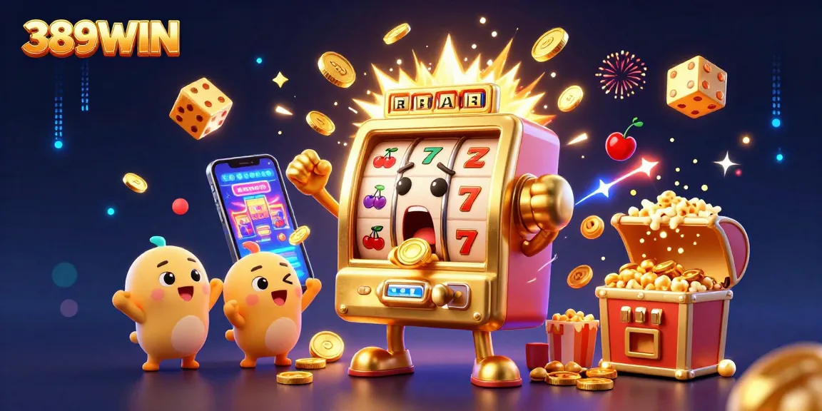 Feel the excitement with 389WIN as jackpot coins spill from a golden slot machine in this vibrant casino scene.