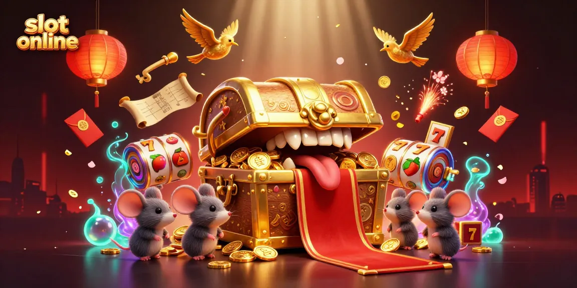 Engage in thrilling slot online action with a vivid illustration of treasure and fortune symbols.
