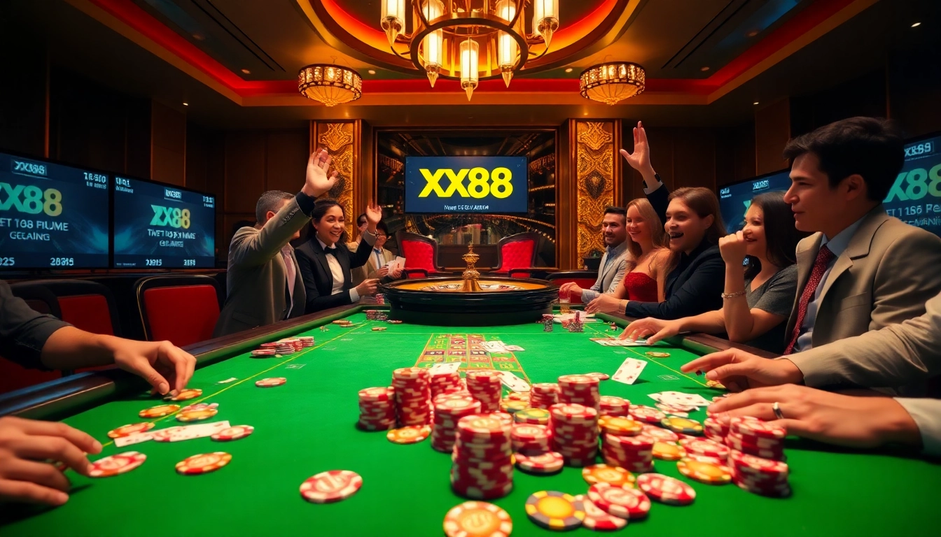 Engage in thrilling gameplay at XX88's luxurious casino table with vibrant poker chips and cards.