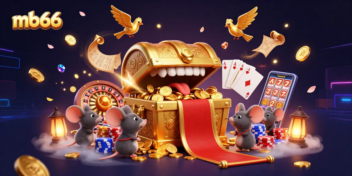 Experience the thrill of mb66 with cartoon treasure and casino elements in a vibrant 3D illustration.