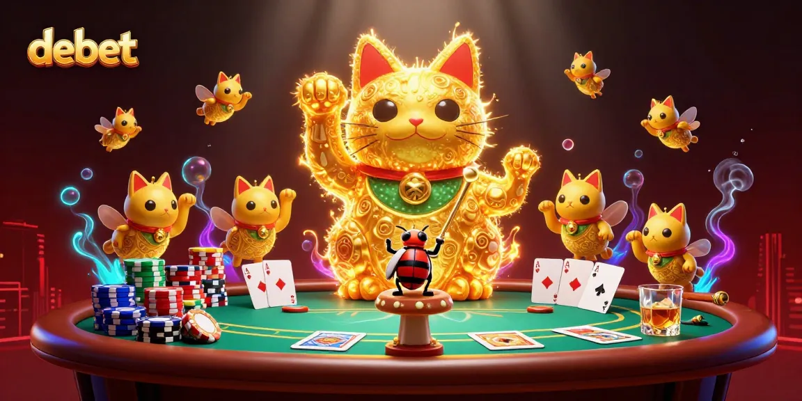 Engage with debet in a vibrant casino scene featuring a lucky cat and poker action.