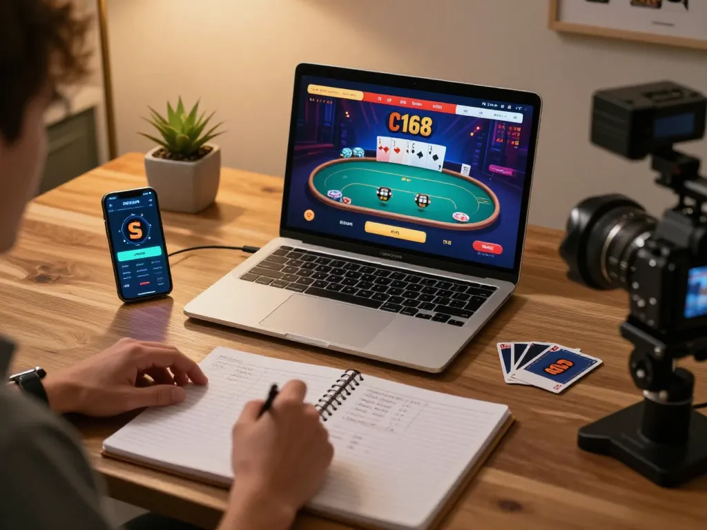C168 player engaging in online gaming with laptop and smartphone in cozy home office.