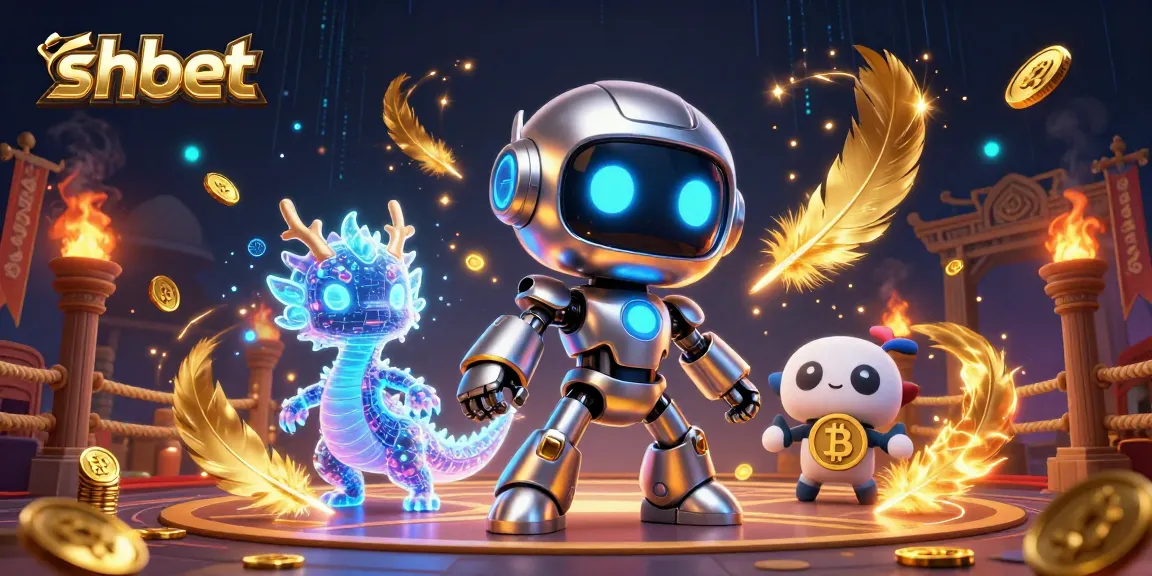 Experience shbet through a dynamic illustration featuring a cyberpunk robot and a bitcoin-carrying drone in a vibrant casino setting.
