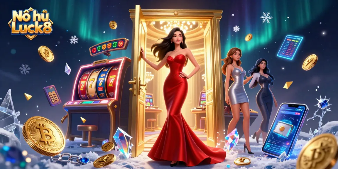 Experience Nổ hũ Luck8's thrilling slot games against a glamorous casino backdrop.