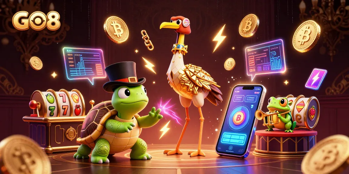 Engage with GO8's vibrant casino atmosphere featuring cartoon characters in a rich, dynamic setting.