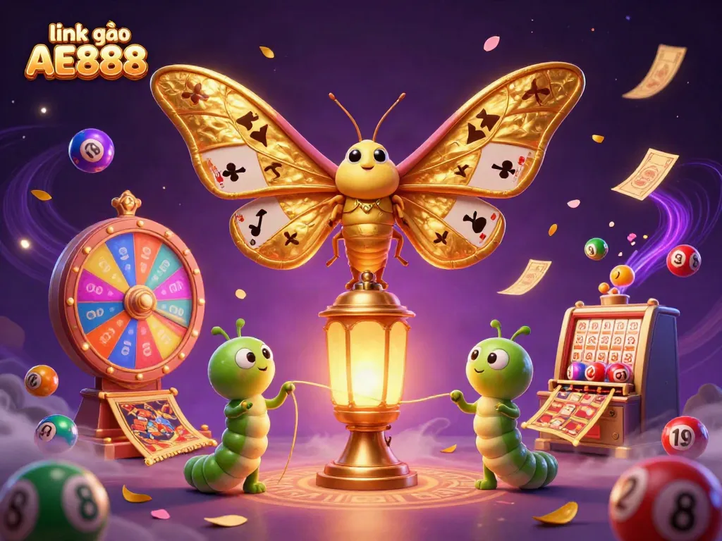 Win big with link vào AE888 in this vibrant illustration featuring casino games, prizes, and shimmering atmosphere.