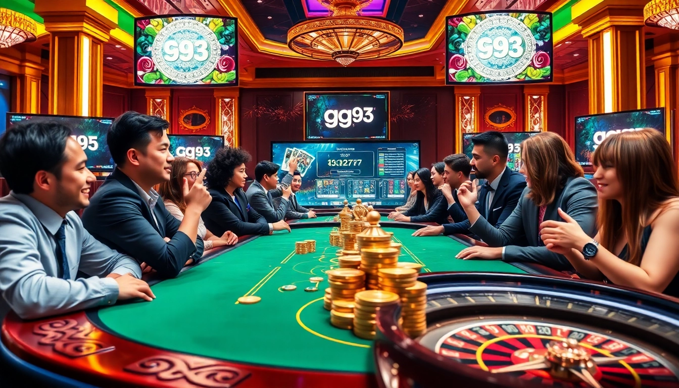 Players enjoying diverse games on the gg.93 platform in a vibrant casino atmosphere.