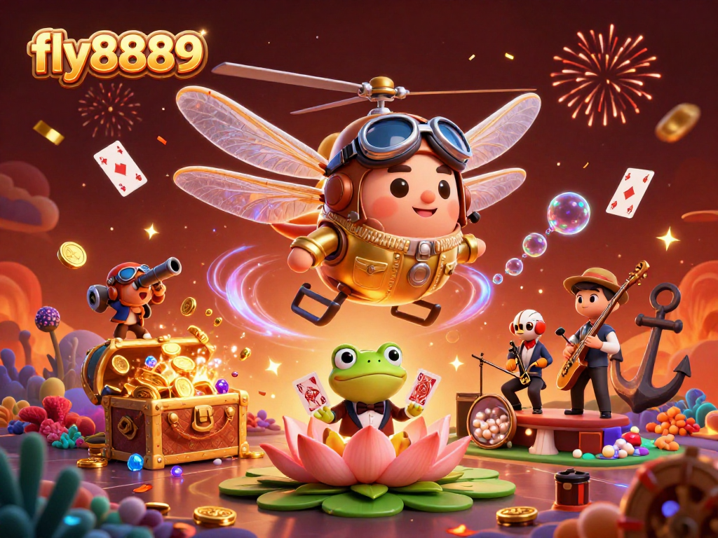 Experience thrilling action in fly8889 as a frog croupier deals cards at a lily pad casino.