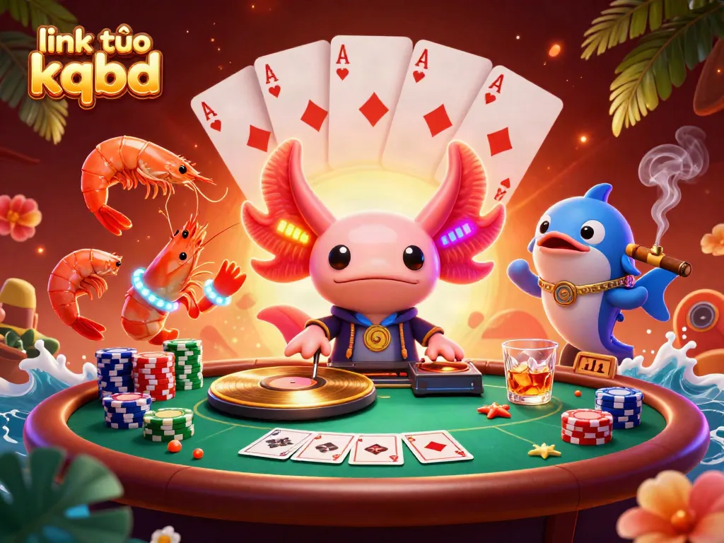 Engage with link vào kqbd through this vibrant 3D scene featuring energetic axolotl DJ and poker-themed elements.