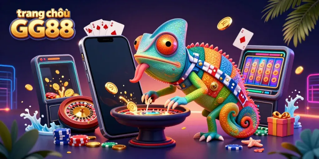 Engage in the exciting world of trang chủ GG88 with a colorful 3D chameleon casino character surrounded by vibrant gambling elements.