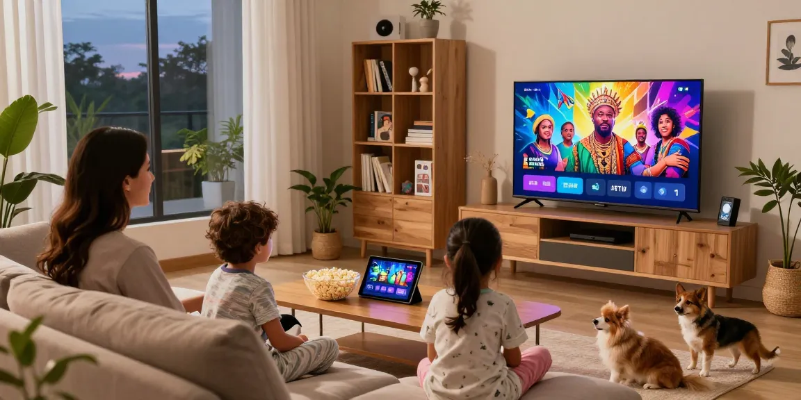 Família assistindo conteúdo de streaming com bestbraziliptv na sala de estar moderna e aconchegante.