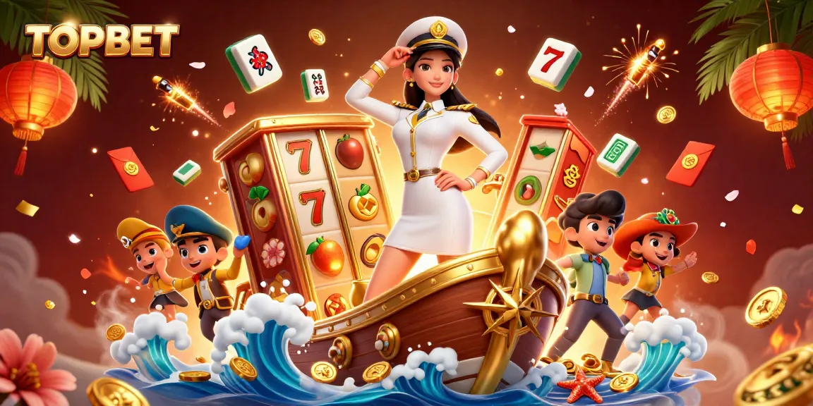 Experience the vibrant world of TOPBET with dynamic slot games and an Asian casino theme.