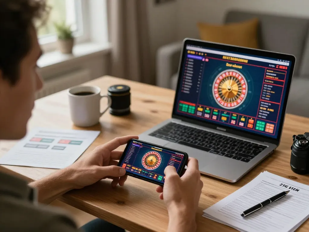 Engaging with 27G casino app in a cozy home with vibrant live roulette display