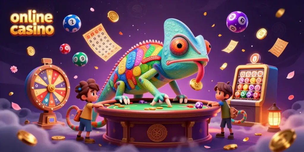 Engaging online casino scene featuring a colorful cartoon chameleon owner and dynamic game elements.