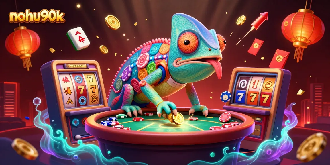 Nohu90k showcases vibrant casino excitement with a chameleon owner snapping up golden coins amidst dynamic gaming elements.