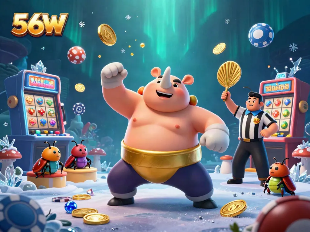 Win big with 56W by enjoying an exciting casino scene featuring beetle champions and vibrant gambling elements.