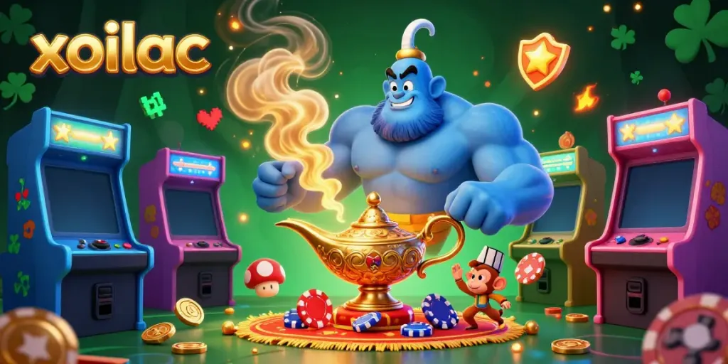 Experience the excitement of xoilac with a vibrant 3D illustration featuring a genie and animated casino elements.