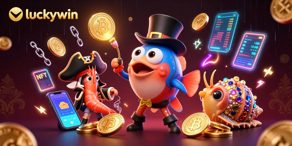 Spin and win at luckywin with a vibrant 3D casino scene featuring unique sea creatures and cryptocurrency elements.