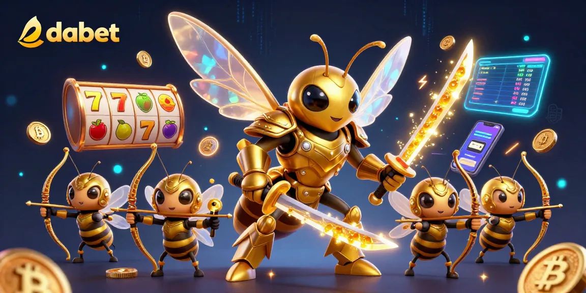 dabet offers thrilling slots action with a golden hornet and crypto-themed animations in a vibrant casino scene.