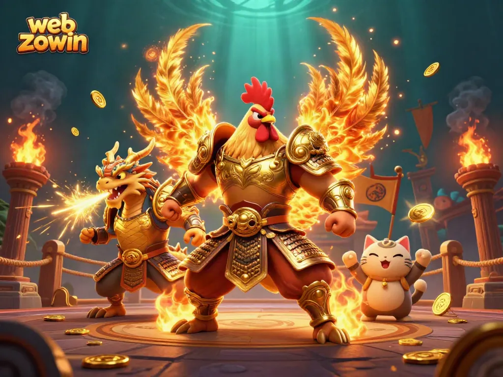 Experience thrilling gameplay at web zowin with a dynamic casino scene featuring roaring characters and vibrant gambling elements.