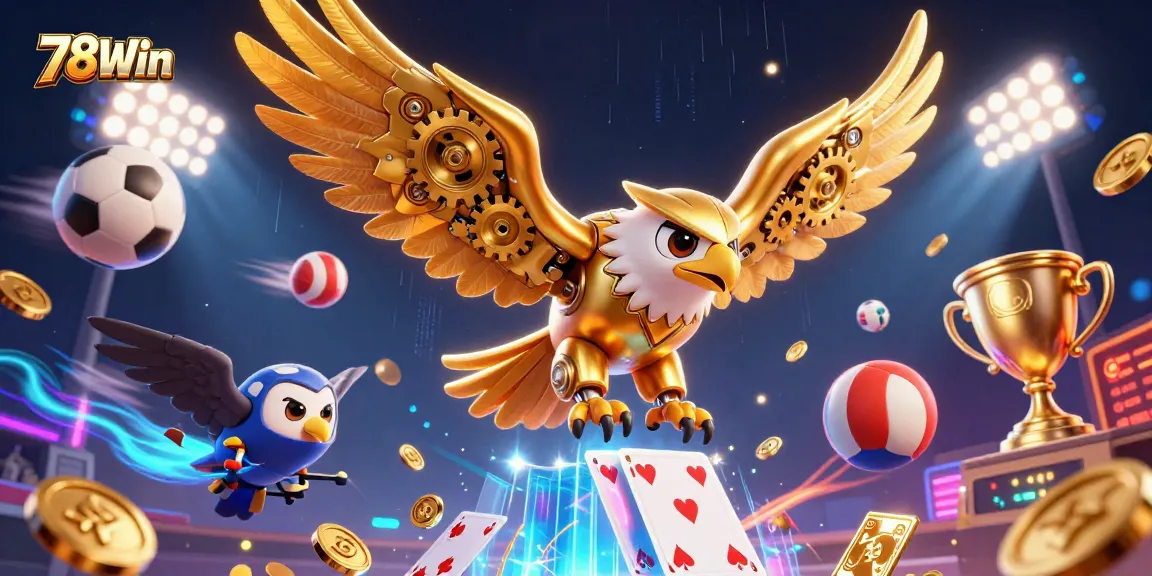 Engage with 78Win's thrilling gaming atmosphere showcasing a dynamic 3D eagle and sports elements.