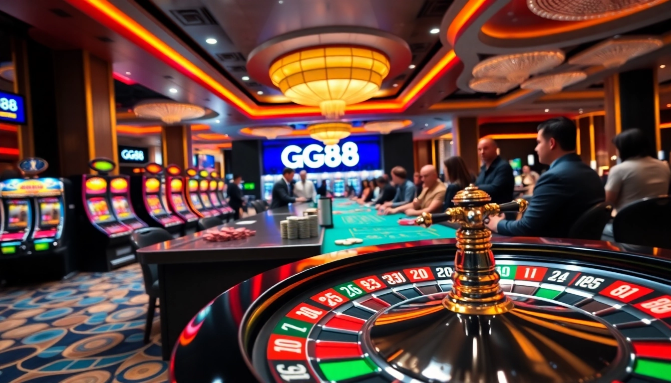 GG88 casino gaming scene featuring dealers, slot machines, and poker chips for an immersive experience.