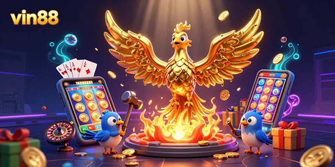 Experience exhilarating gameplay with vin88 as golden coins flow from a molten phoenix amidst dynamic casino elements.