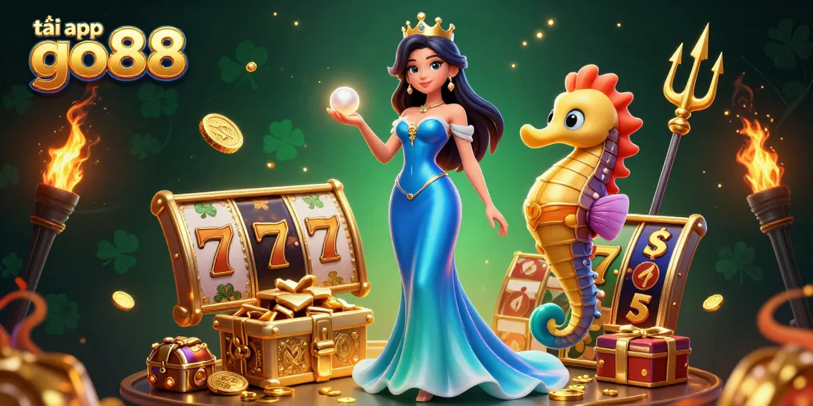 Experience the thrill of tải app go88 with this vibrant underwater casino illustration featuring a glowing pearl and a seahorse king.