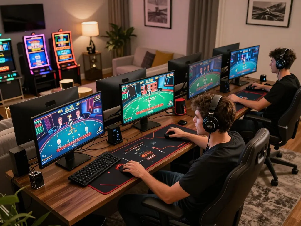 Player engaging in online gaming on Rikvip platform from a stylish home setup with multiple screens.