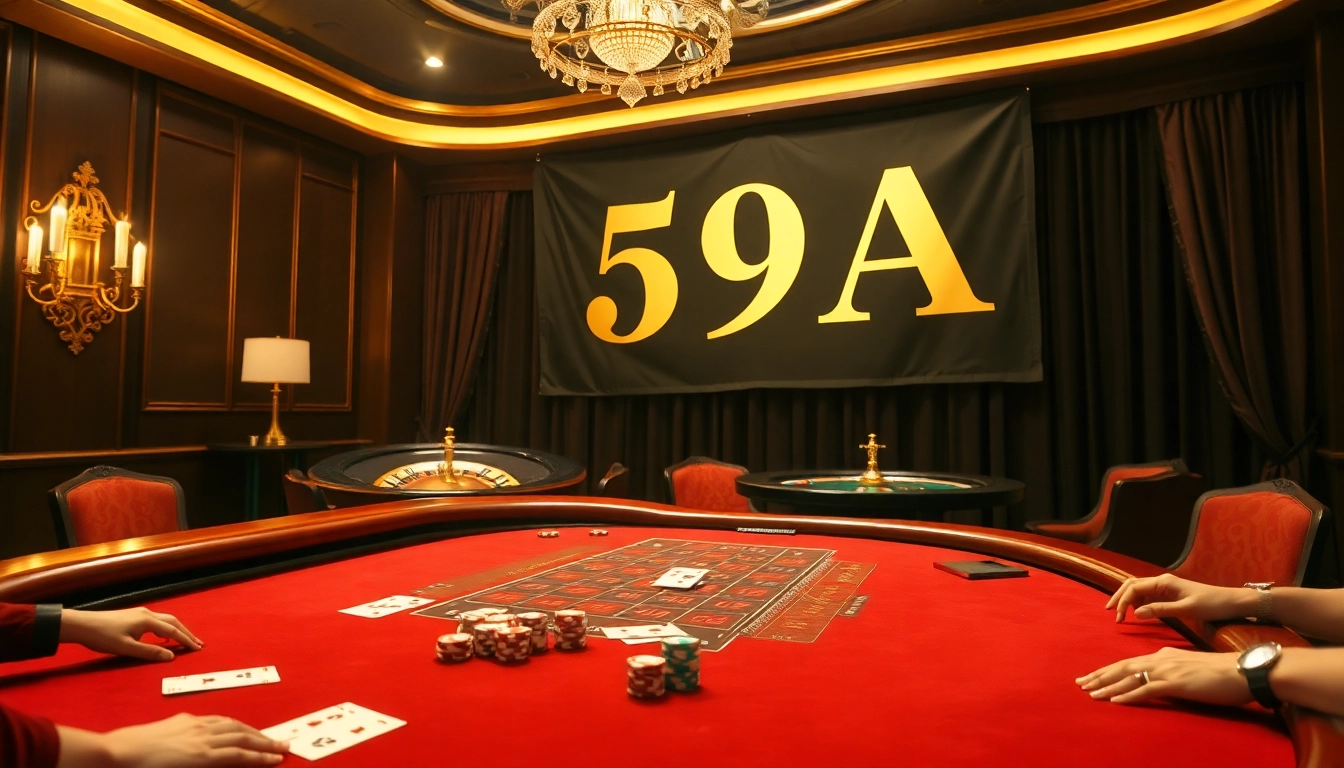 Sinta a emoção da 59A com uma cena de cassino elegante que mostra fichas de poker e cartas.
