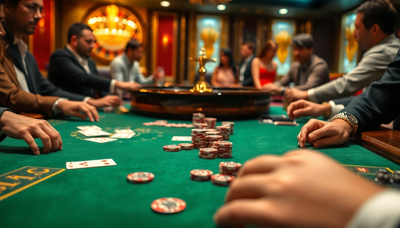 Engaging players enjoying a luxurious poker game at win88 casino's vibrant gaming table.