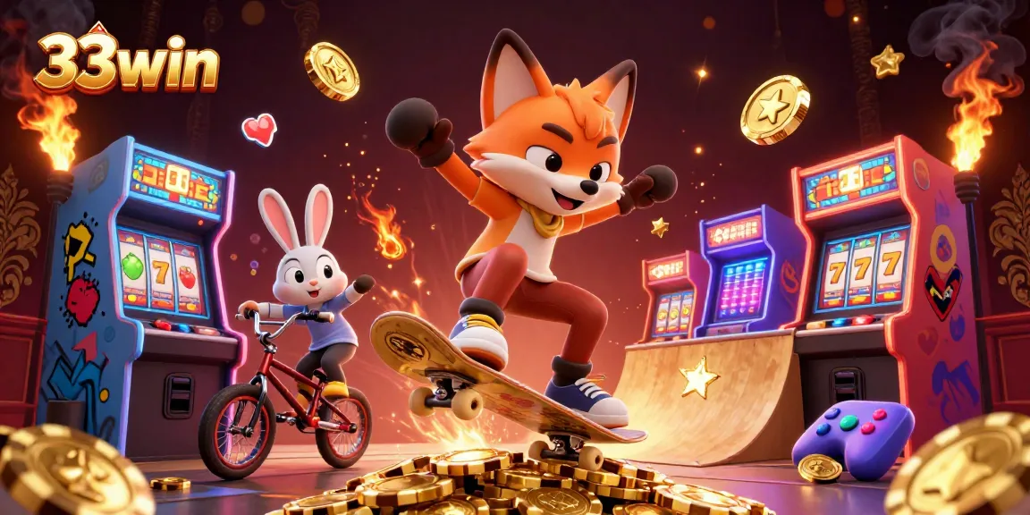 Experience thrilling gameplay at 33win with a vibrant 3D illustration of a fox and rabbit in a colorful casino scene.