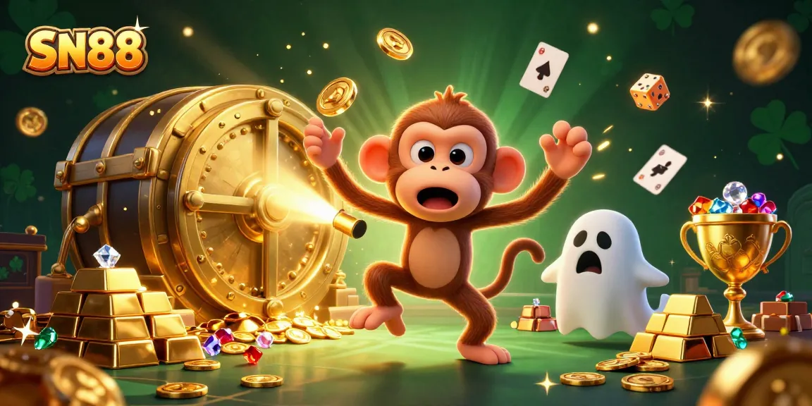 Experience the thrill of SN88 with a poltergeist monkey juggling gambling treasures in a lively casino.