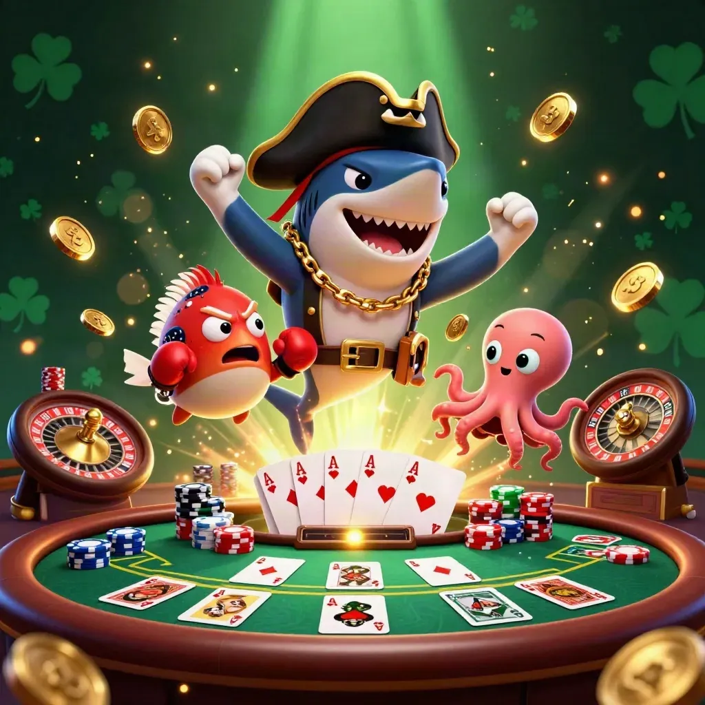 Tubarão pirata, baiacu boxer e polvo bebê em cena de cassino luxuosa e neon