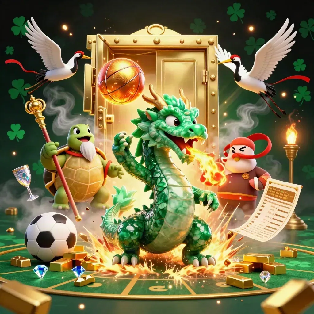 Dragão de jade, tartaruga sábia e grous cercam uma bola de basquete em fogo dourado.