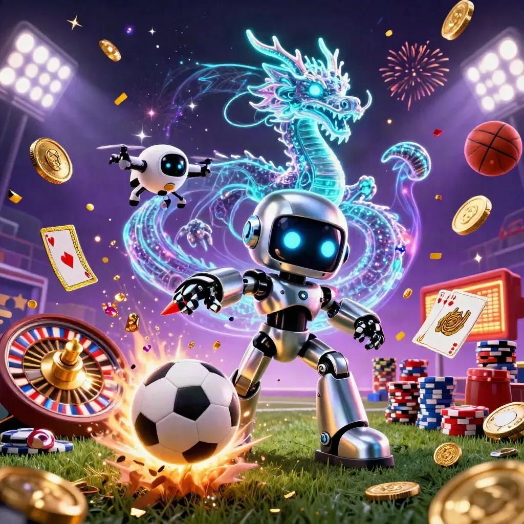 Robô cyberpunk, dragão holográfico e bola de futebol explodindo em neon, no chão do estádio.