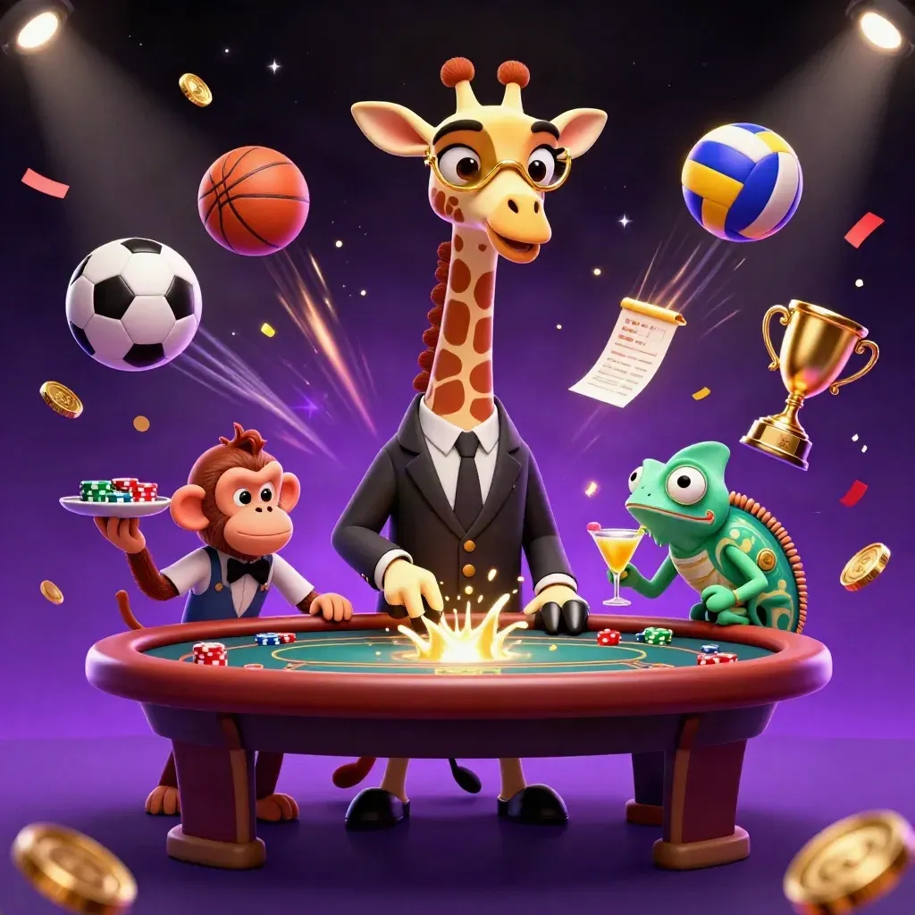 Girafa de terno, macaco e camaleão em cassino premium com bolas e luzes neon.