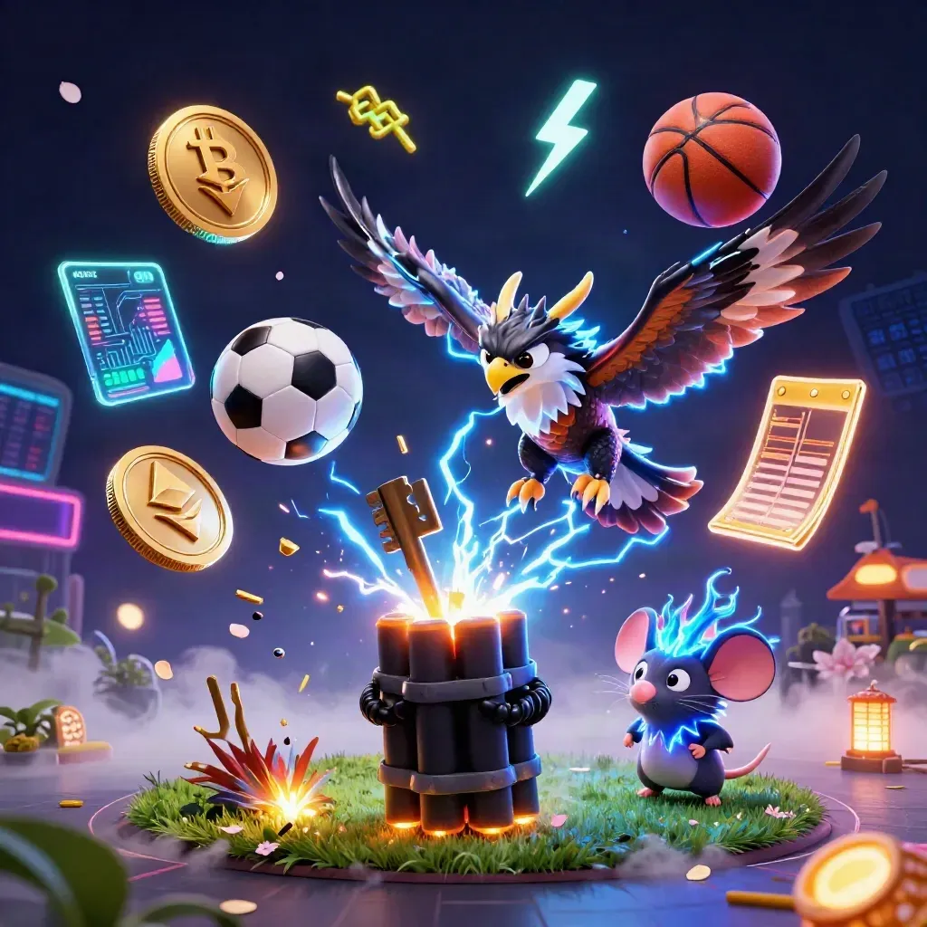 Dragão, falcão e rato elétricos com moedas cripto e luz neon em cenário escuro