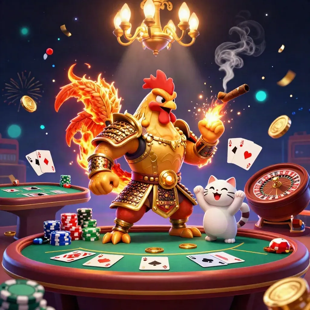 Galo samurai, filhote de dragão e gato da sorte em cassino luxuoso.