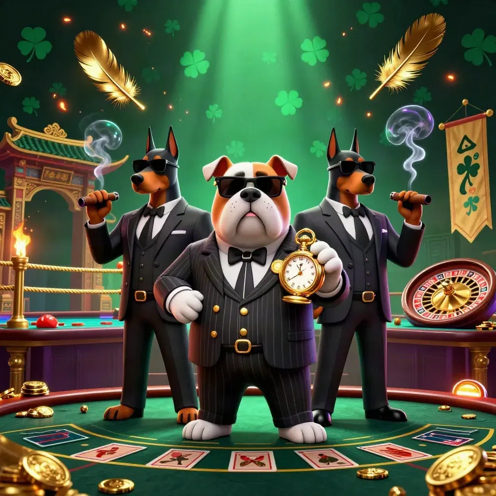 Bulldog mafioso e dois dobermans num cassino VIP com ouro, neon e fumaça