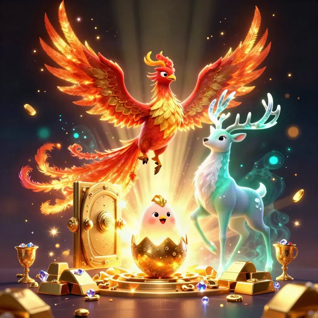 Fênix, filhote saindo do ovo e cervo mágico diante de um cofre dourado explodindo em luz.