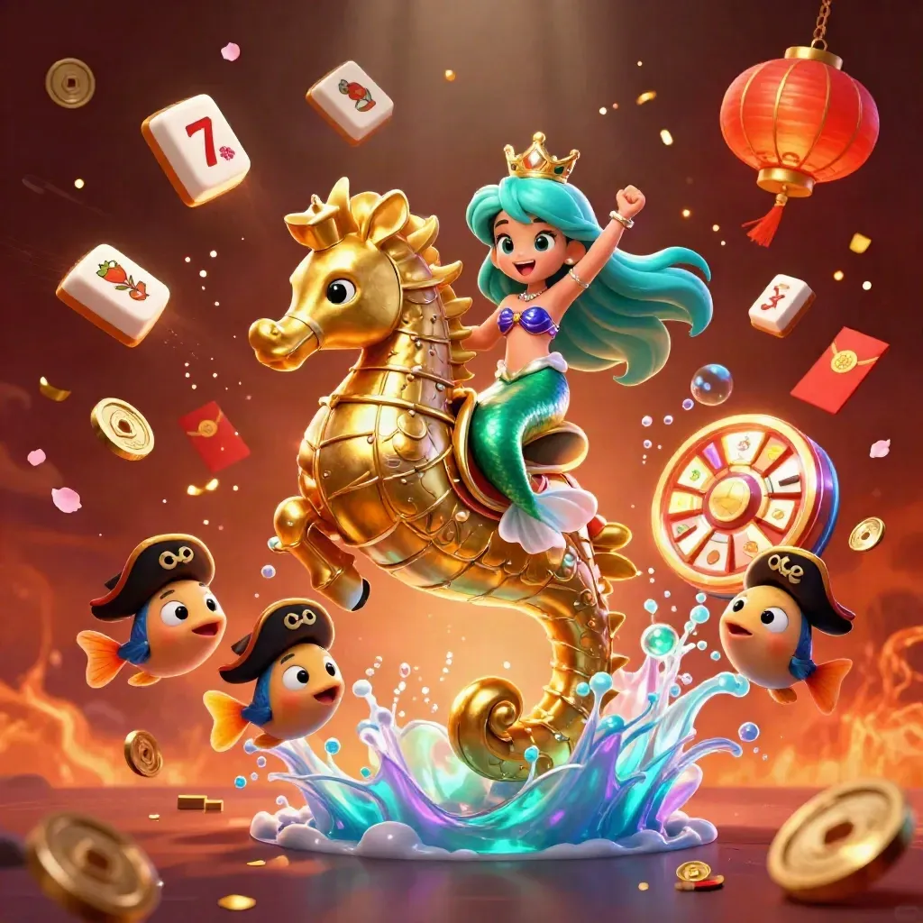 Sereia princesa em seahorse dourado com peixes piratas, moedas de jade e lanternas neon.